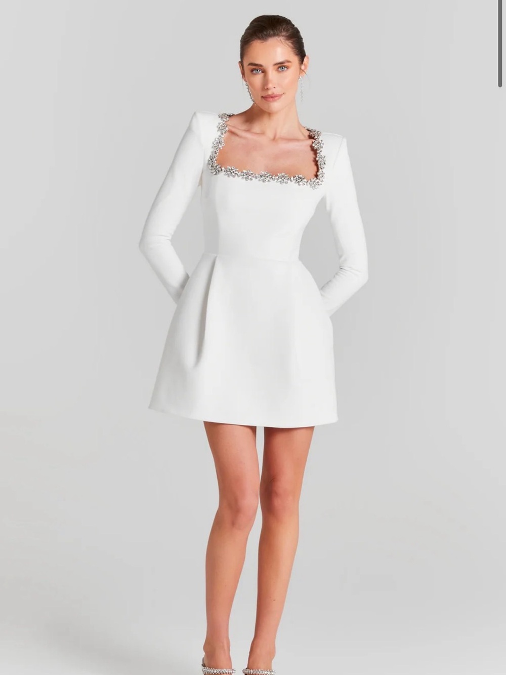 NADINE MERABI White Embellished Square Neck Mini Dress Kimberly